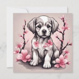 Carte Joli chiot et fleurs de cerisier rose 