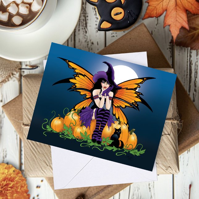 Carte Joli citrouille de fée d'Halloween avec chat noir (Créateur téléchargé)
