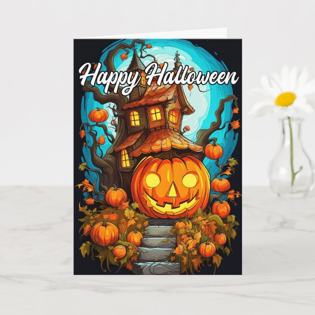 Carte Joli Citrouille d'Halloween & Maison Hantée (Petite plante)
