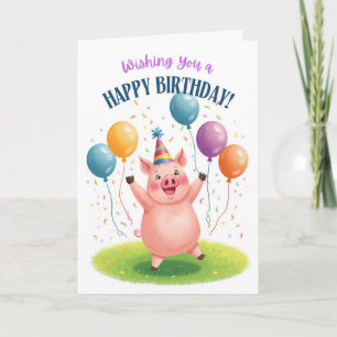 Carte Joli cochon d'anniversaire avec ballons et confett