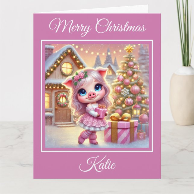 Carte Joli cochon rose dans un chalet de Noël (Devant)