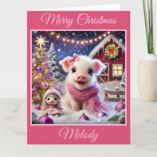 Carte Joli cochon rose de Noël à la ferme