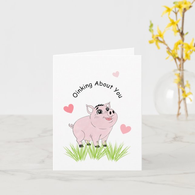 Carte Joli cochon rose pour la Saint-Valentin (Fleur jaune)