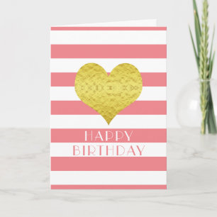 Carte Joli cœur doré rayures roses et blanches Joyeux An