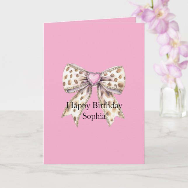 Carte Joli cœur rose léopard fille noeud anniversaire (Orchidée)