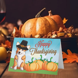 Carte Joli Corgi de Thanksgiving en chapeau de Pèlerin
