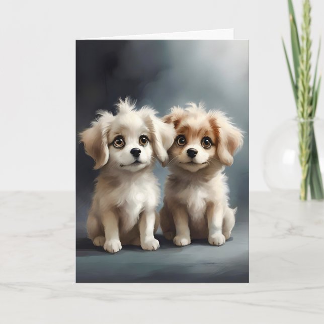 Carte Joli couple de chiots frères et sœurs Portrait Mei (Devant)