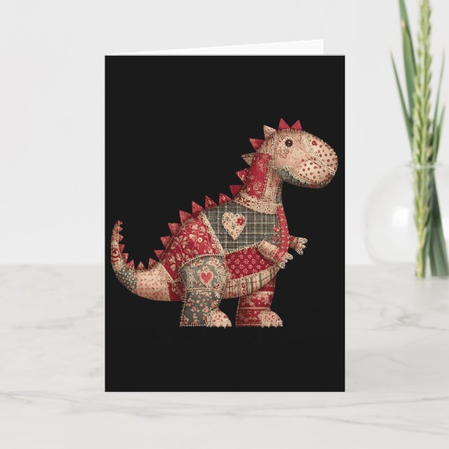 Carte Joli dinosaure de campagne patchwork coeurs Saint- (Devant)