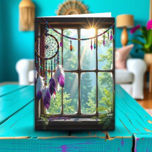 Carte Joli Dreamcatcher violet dans la fenêtre Anniversa