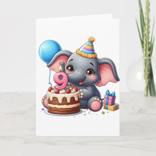 Carte Joli éléphant 9e anniversaire (Devant)