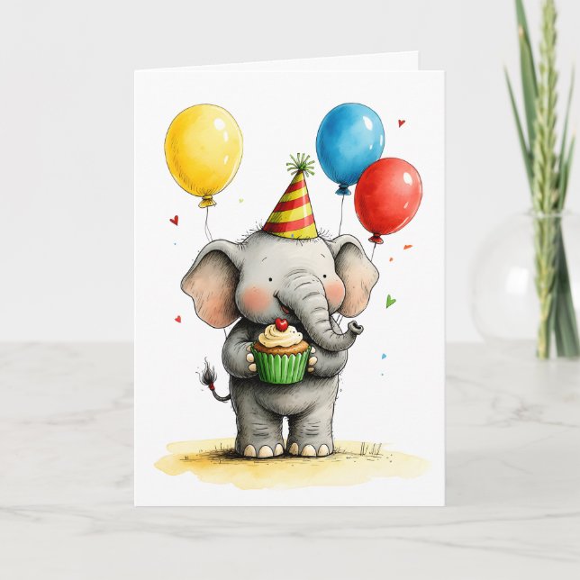 Carte Joli éléphant avec gâteau d'anniversaire pour enfa (Devant)