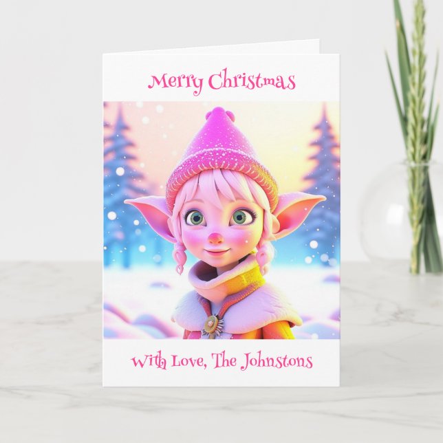 Carte Joli Elfe Rose Whimsical Noël personnalisé (Devant)
