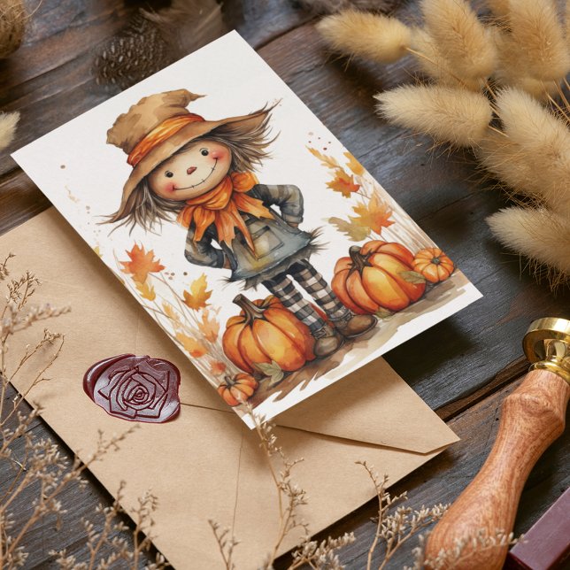 Carte Joli épouvantail d'automne avec citrouille et feui (Cute watercolor scarecrow for autumn, fall and Thanksgiving holidays with leaves and pumpkins.)