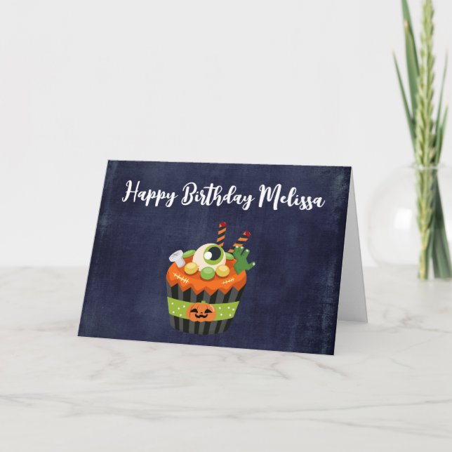 Carte Joli et effrayant cupcake d'Halloween avec un gros (Devant)