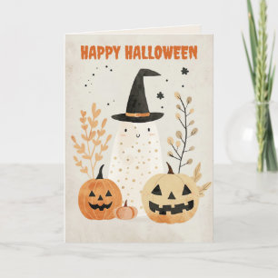 Carte Joli fantôme avec citrouilles Joyeux Halloween