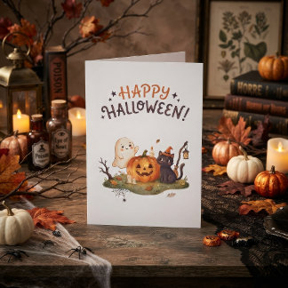 Carte Joli fantôme, chat et citrouille d'Halloween