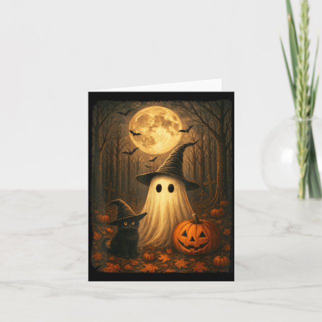Carte Joli Fantôme Chat Noir Halloween Sorcière Citrouil (Devant)