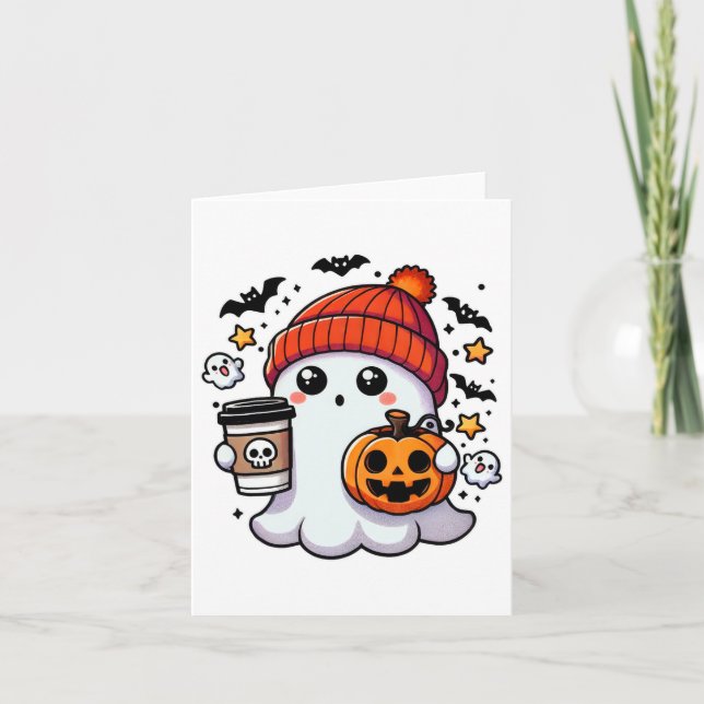 Carte Joli Fantôme Halloween Avec Citrouille Et Café (Devant)
