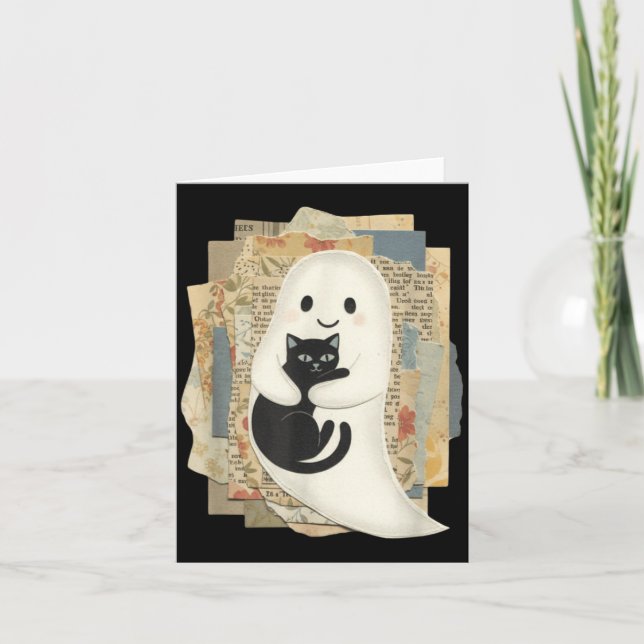 Carte Joli fantôme serrant un chat noir Halloween (Devant)