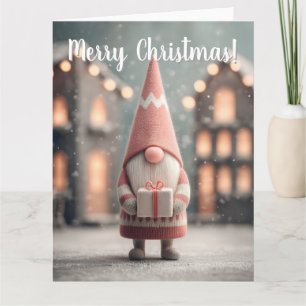 Carte Joli gnome de Noël tenant une boîte-cadeau