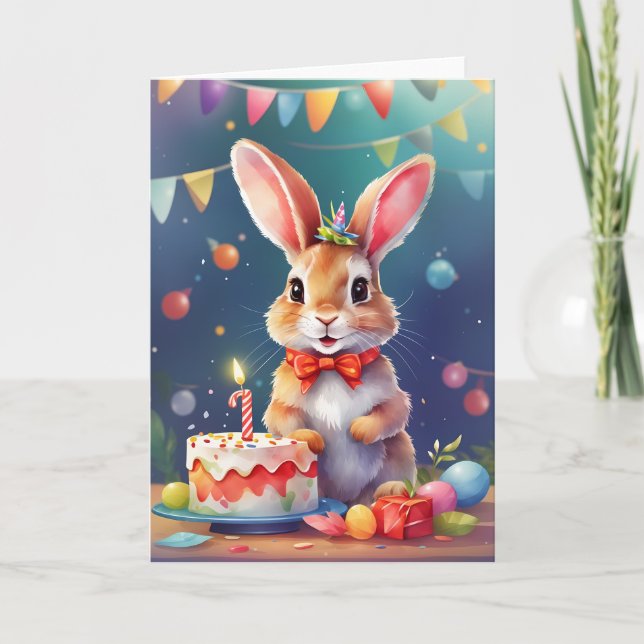 Carte Joli jeune lapin avec gâteau d'anniversaire ! | Ca (Devant)