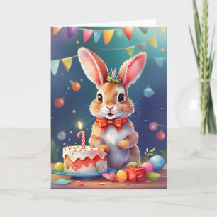 Carte Joli jeune lapin avec gâteau d'anniversaire ! Ca