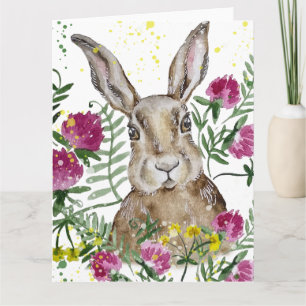 Carte Joli lapin aux fleurs aquarelles