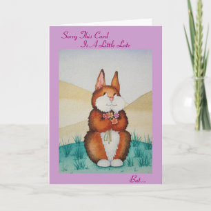 Carte Joli lapin brun et fleurs fête tardive