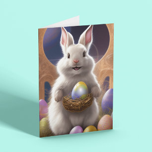 Carte Joli lapin de Pâques blanc portant un œuf de Pâque