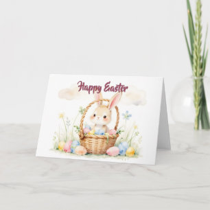Carte Joli lapin de Pâques dans un panier avec des œufs