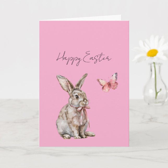 Carte Joli Lapin de Pâques Papillon Rose (Petite plante)