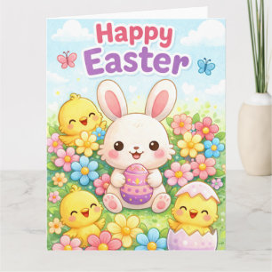 Carte Joli lapin de Pâques & poussins Joyeuses Pâques