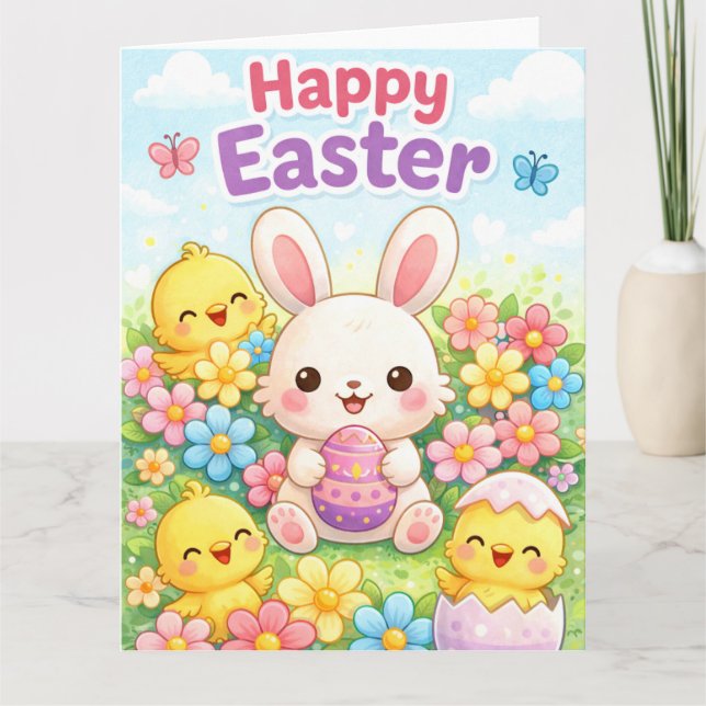 Carte Joli lapin de Pâques & poussins | Joyeuses Pâques (Devant)