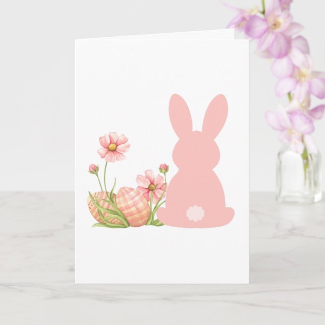 Carte Joli lapin de Pâques rose avec des fleurs printani (Orchidée)