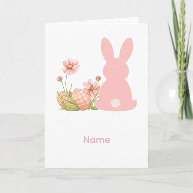 Carte Joli lapin de Pâques rose avec des fleurs printani (Devant)