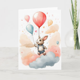 Carte Joli lapin de watercolor avec grand ballon rouge v