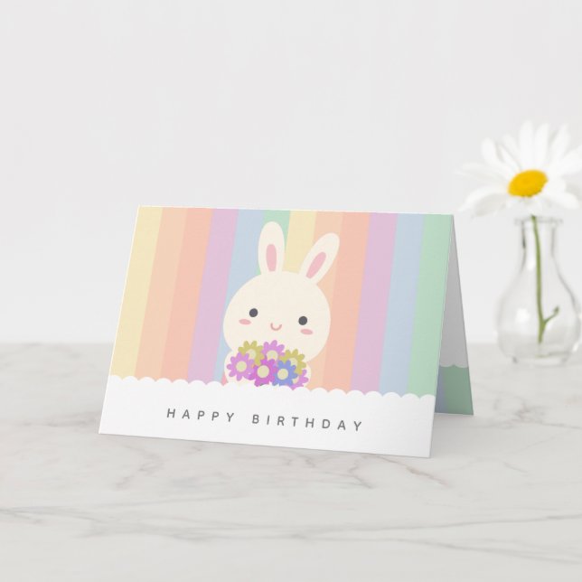 Carte Joli lapin et fleurs Joyeux anniversaire (Petite plante)