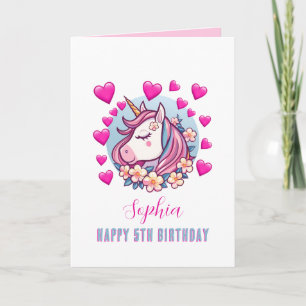 Carte Joli Licorne, Cœurs Roses, Nom et Âge pour Anniver