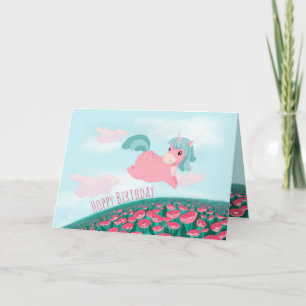 Carte Joli Licorne de Dessin Animé Rose et Menthe