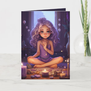 Carte Joli Méditer Yoga Girl Purple Gold Anniversaire