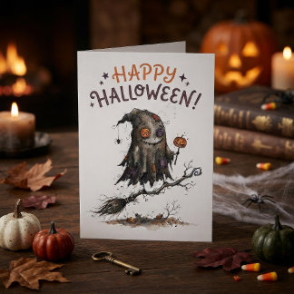 Carte Joli monstre d'Halloween sur un balai