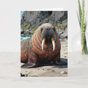 Carte Joli Morse sur une Plage de Sable   Joyeux Anniver
