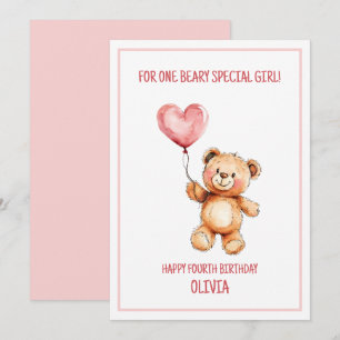 Carte Joli Ours en Peluche au Ballon Rose Joyeux 4ème An