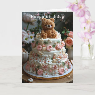 Carte Joli ours roses roses blanches Joyeux Anniversaire