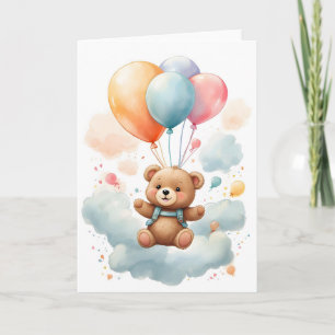Carte Joli ourson à l'aquarelle flottant dans les airs C