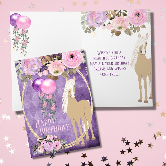 Carte Joli Palomino rose violet Fleurs Cheval Anniversai (Créateur téléchargé)