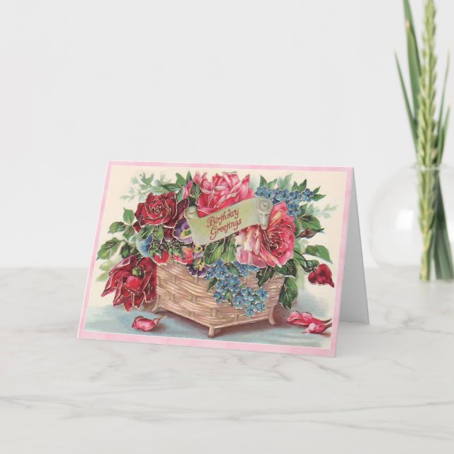 Carte Joli panier rose et rouge victorien Roses Annivers (Devant)