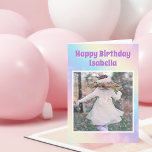 Carte Joli Pastel Arc-en-ciel personnalisé Photo fille d<br><div class="desc">Célébrez votre petite fille avec cette jolie carte d'anniversaire en arc-en-ciel pastel scintillante qui comporte de belles lettres violettes et la photo personnalisée de votre enfant. Ajoutez la photo de votre enfant pour une touche personnelle à cette jolie soirée fantaisiste.</div>