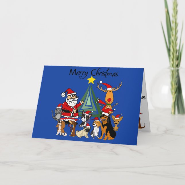 Carte Joli Père Noël et Renne et Amis Chien Art (Devant)