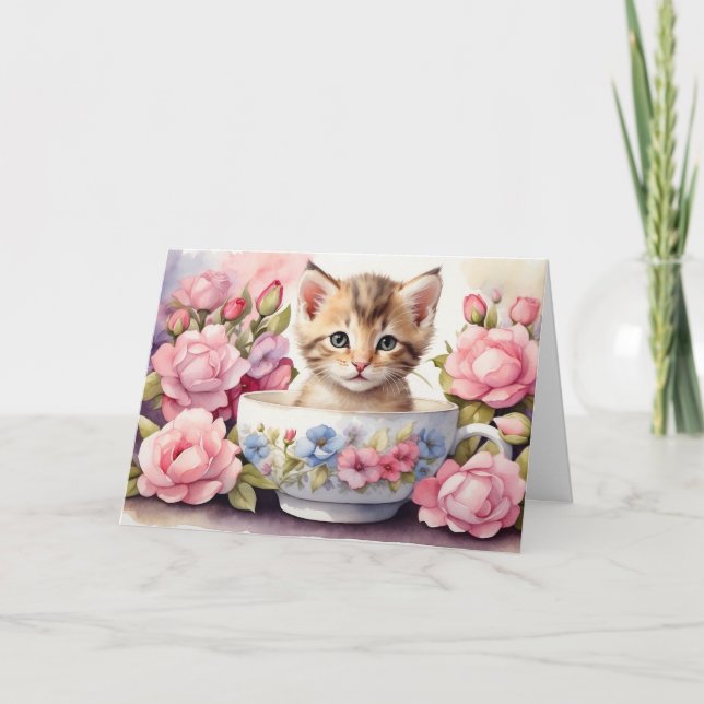 Carte Joli petit chat à l'aquarelle dans une tasse à thé (Devant)